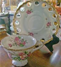 Fancy Porcelain Cup & Saucer: Pedestal Foot/Pierced Rim: Small Pink Roses/ Gold Trim