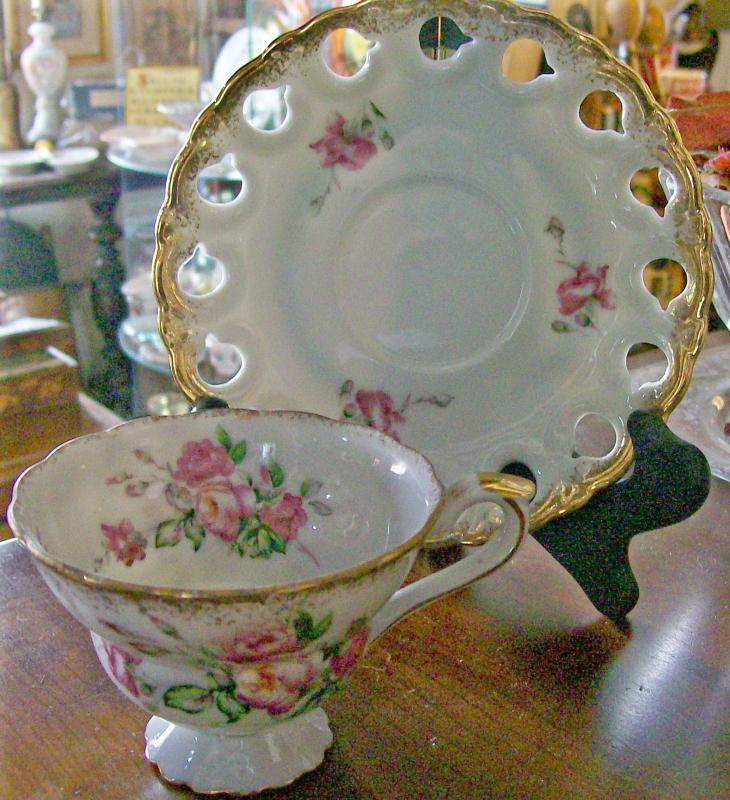 Fancy Porcelain Cup & Saucer: Pedestal Foot/Pierced Rim: Small Pink Roses/ Gold Trim