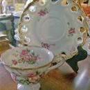 Fancy Porcelain Cup & Saucer: Pedestal Foot/Pierced Rim: Small Pink Roses/ Gold Trim
