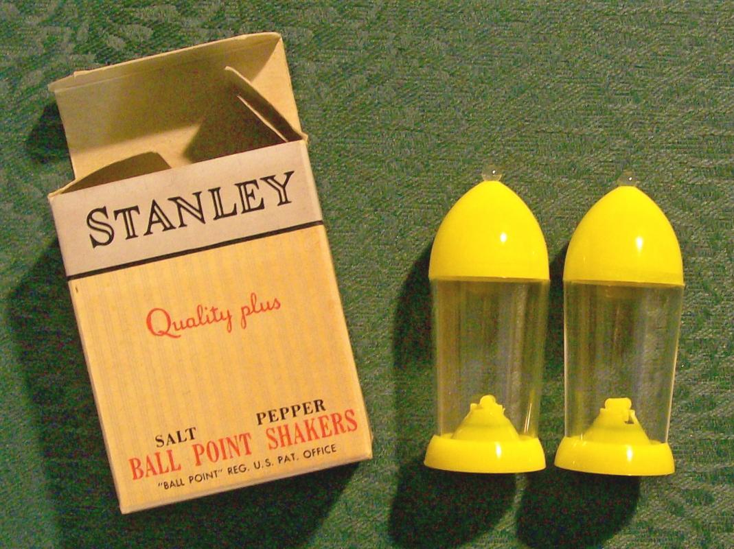 Stanley Ball Point Salt & Pepper Shakers with Box: 1950's Plastic