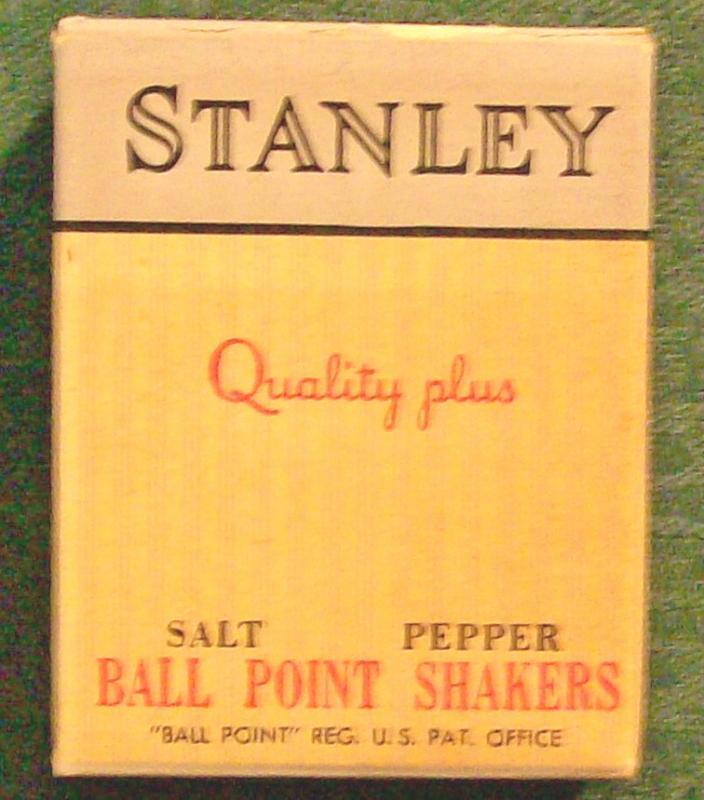 Stanley Ball Point Salt & Pepper Shakers with Box: 1950's Plastic