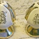 Figural Flower Bud Ceramic Salt & Pepper Shakers: Gold Metallic Trim