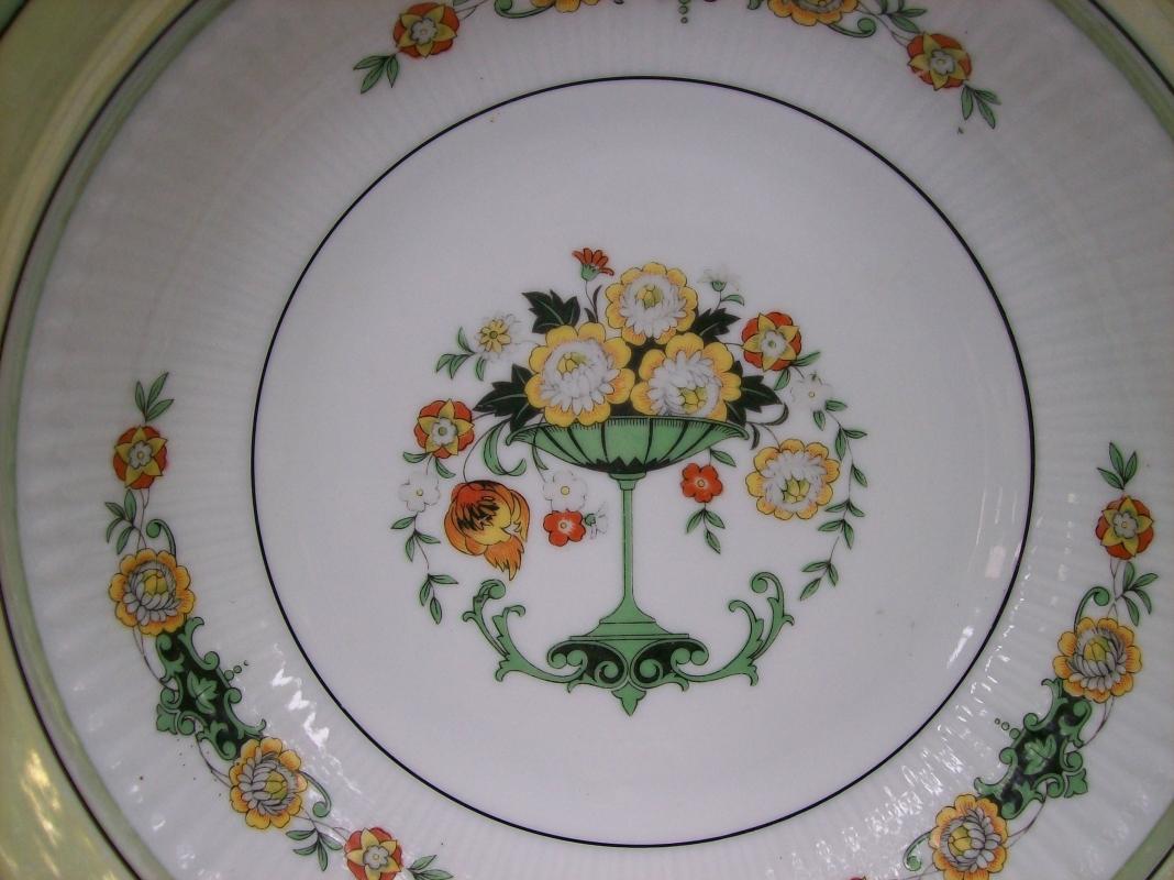 Bavarian Art Nouveau/Deco Ceramic Bowl Flower Comport Center with Green & Yellow Luster Trim