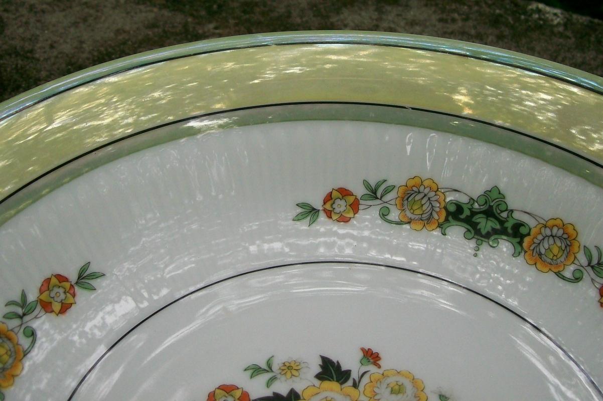Bavarian Art Nouveau/Deco Ceramic Bowl Flower Comport Center with Green & Yellow Luster Trim