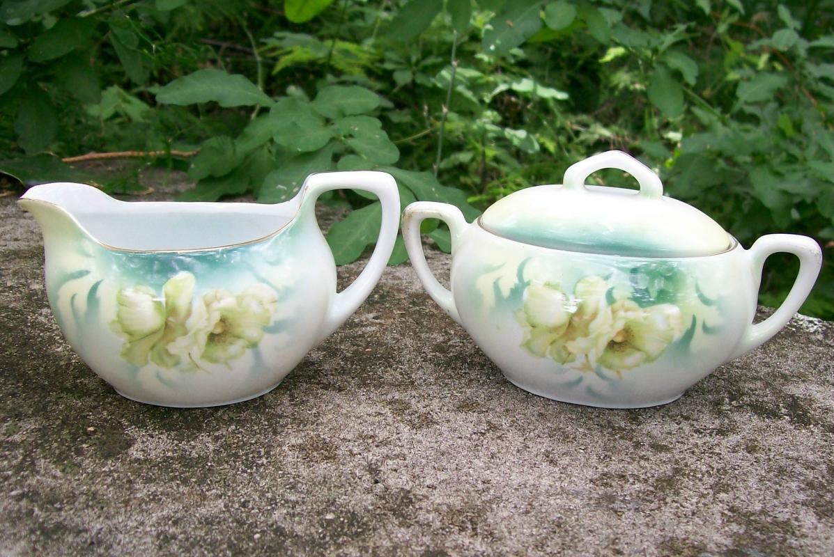 R. S. Germany Porcelain Cream & Sugar Set Ca. 1900 Green & White Poppies