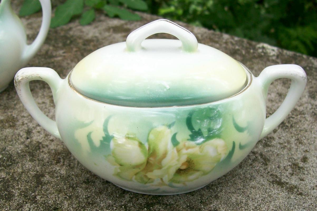 R. S. Germany Porcelain Cream & Sugar Set Ca. 1900 Green & White Poppies