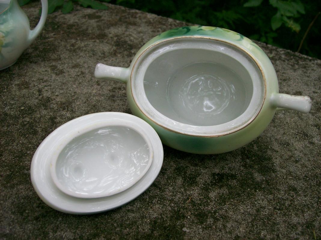 R. S. Germany Porcelain Cream & Sugar Set Ca. 1900 Green & White Poppies