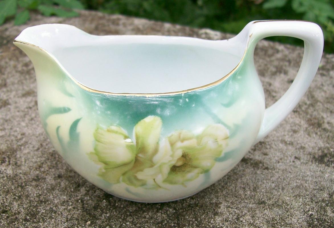 R. S. Germany Porcelain Cream & Sugar Set Ca. 1900 Green & White Poppies