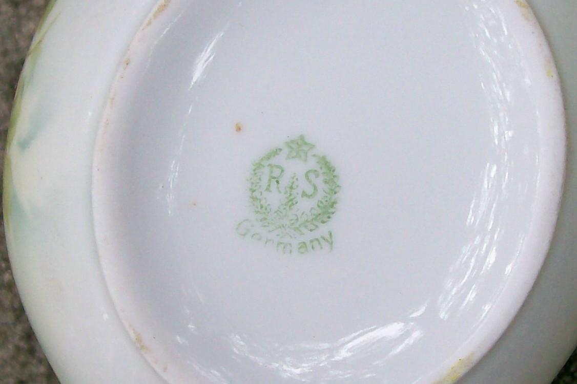 R. S. Germany Porcelain Cream & Sugar Set Ca. 1900 Green & White Poppies