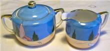 Noritake Art Deco Ceramic Cream & Sugar Set Blue/Orange Luster Ca. 1930