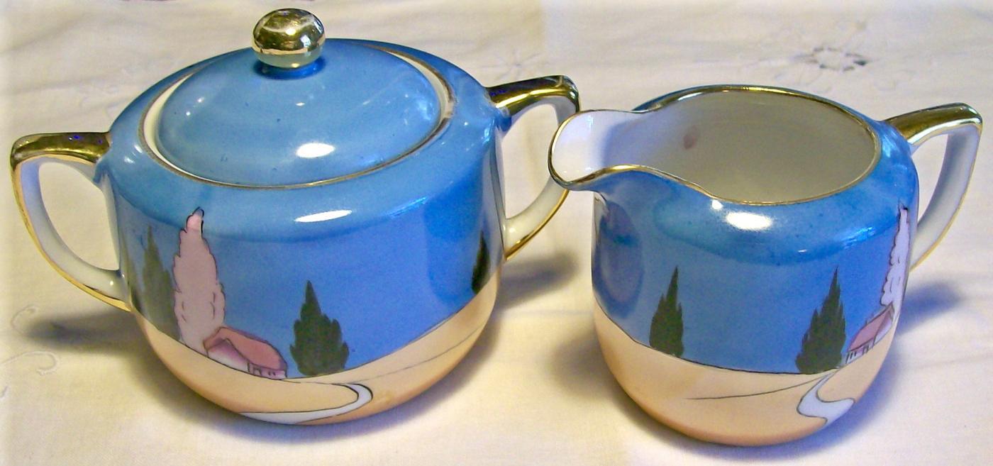 Noritake Art Deco Ceramic Cream & Sugar Set Blue/Orange Luster Ca. 1930