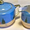 Noritake Art Deco Ceramic Cream & Sugar Set Blue/Orange Luster Ca. 1930