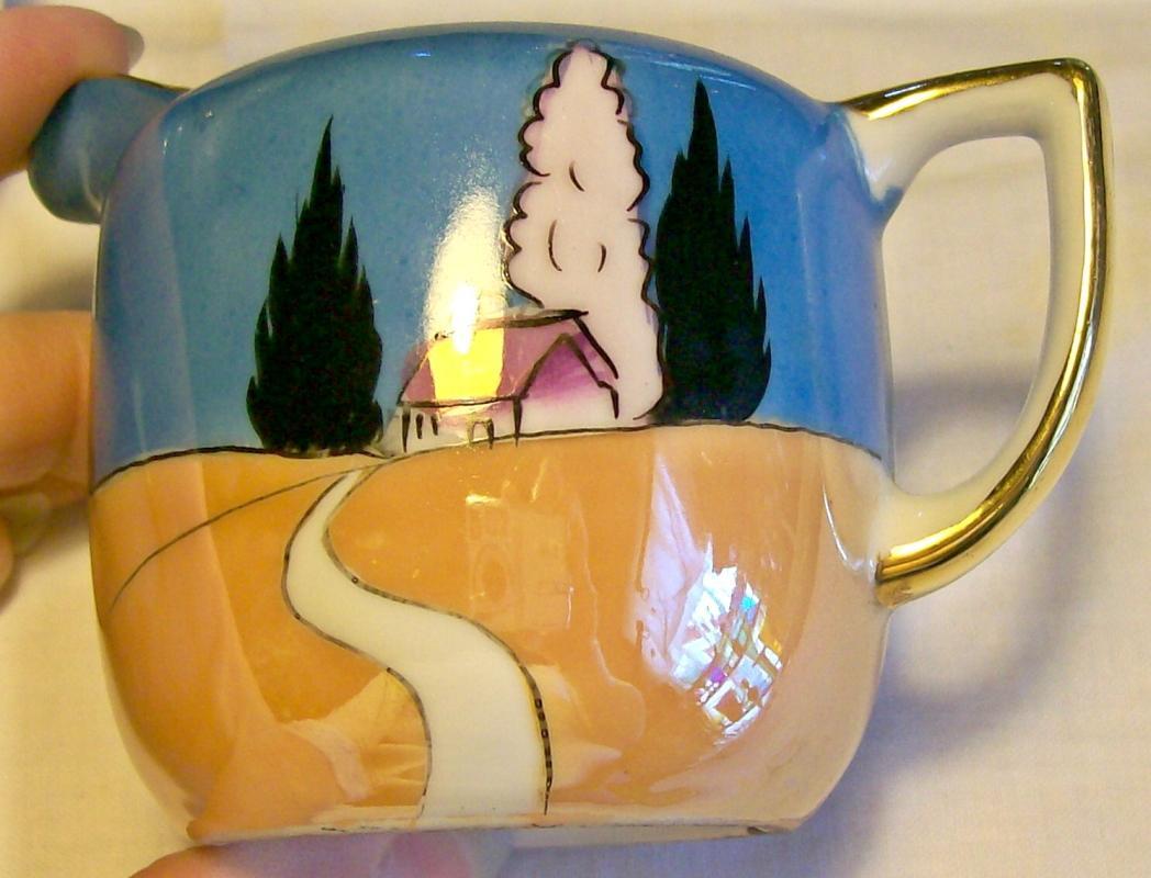 Noritake Art Deco Ceramic Cream & Sugar Set Blue/Orange Luster Ca. 1930