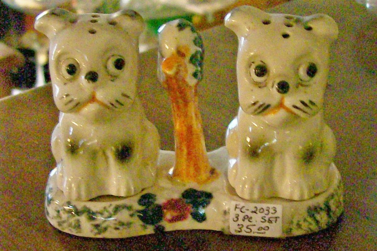Puppy Dog Ceramic Salt & Pepper Shakers with Tray Ca. 1930's