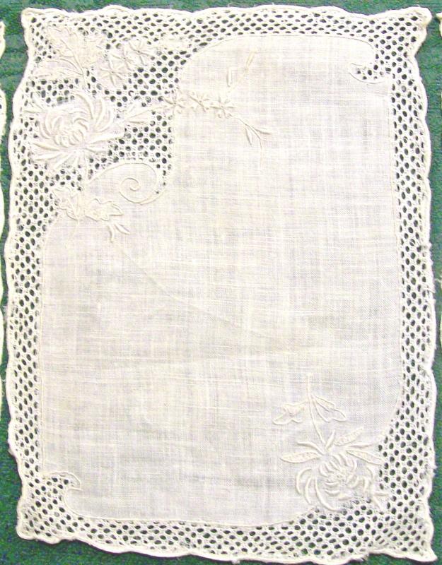 Linen & Lace Embroidered Cocktail Napkin Set/8 Cream on Cream Early 1900s