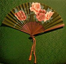 Paper Fan Hand-painted Roses Bamboo Frame 1930's Japan