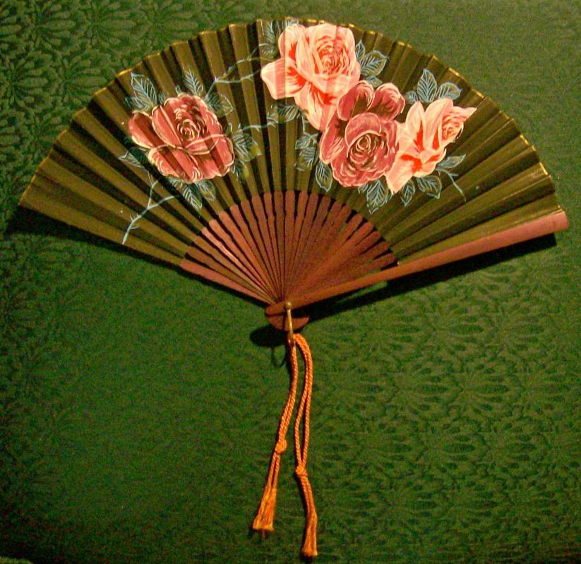 Paper Fan Hand-painted Roses Bamboo Frame 1930's Japan