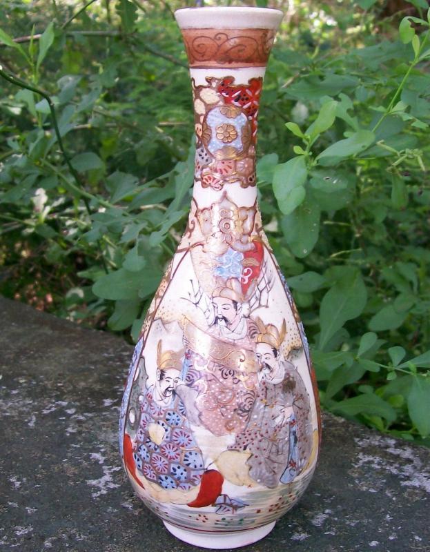 Japanese Satsuma Ceramic Bottle Vase with Students Late 1800's Marked 8.25