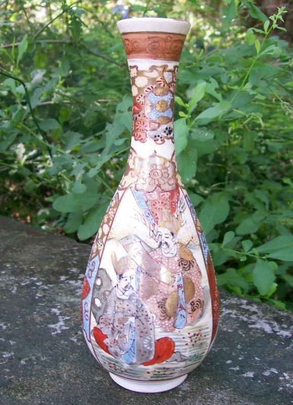 Japanese Satsuma Ceramic Bottle Vase with Students Late 1800's Marked 8.25