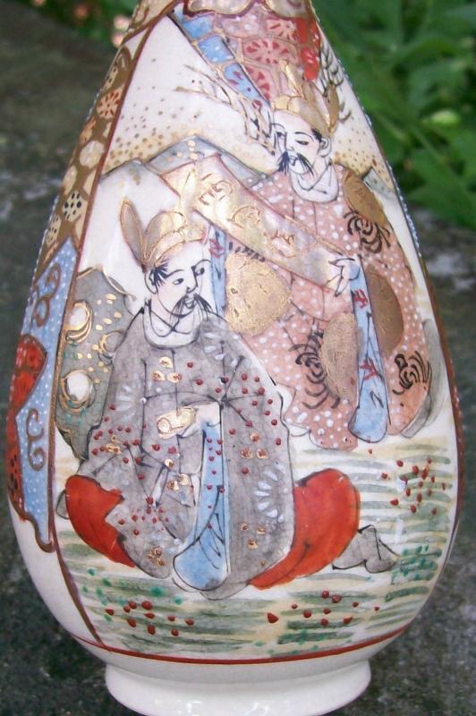 Japanese Satsuma Ceramic Bottle Vase with Students Late 1800's Marked 8.25