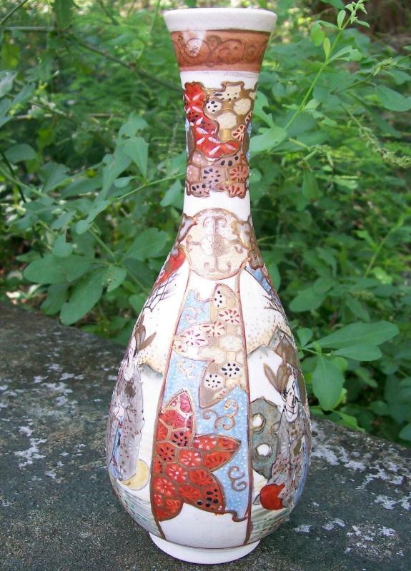 Japanese Satsuma Ceramic Bottle Vase with Students Late 1800's Marked 8.25
