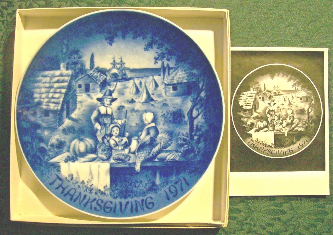 Bareuther Thanksgiving 1971 Limited First Edition Ceramic Plate Blue & White