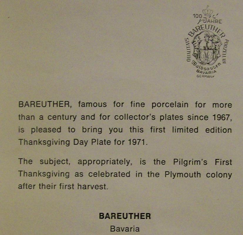 Bareuther Thanksgiving 1971 Limited First Edition Ceramic Plate Blue & White