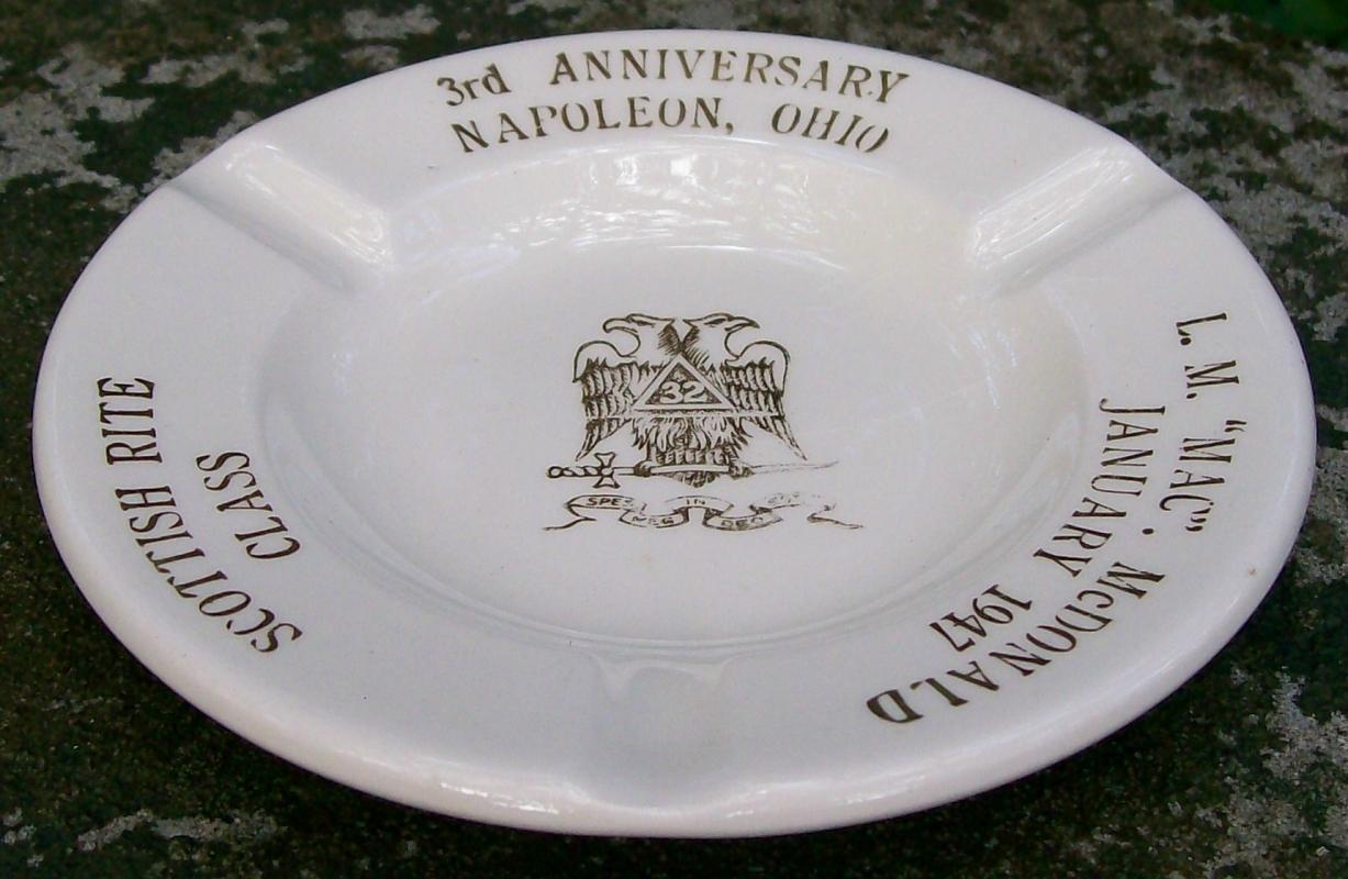 Masonic Commemorative Ceramic Ashtray Napoleon Ohio Ca. 1947