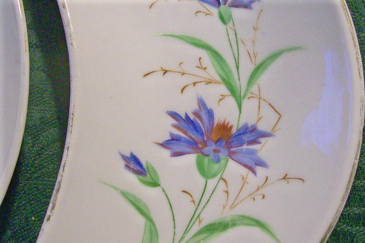 Ironstone Ceramic Bone Dish Pair Hand-Painted Blue Cornflowers