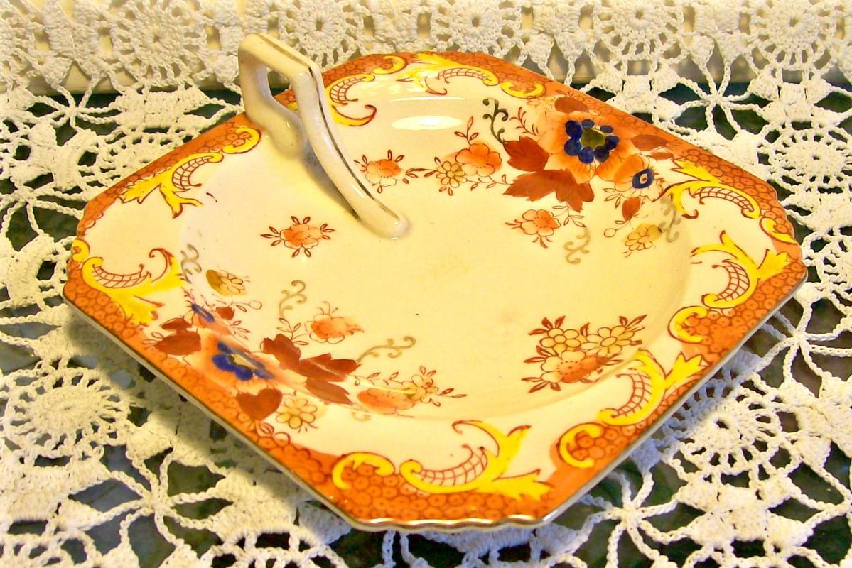 Ceramic Lemon Server 1930's Japan Hand-Painted Flowers Over Red Stencil