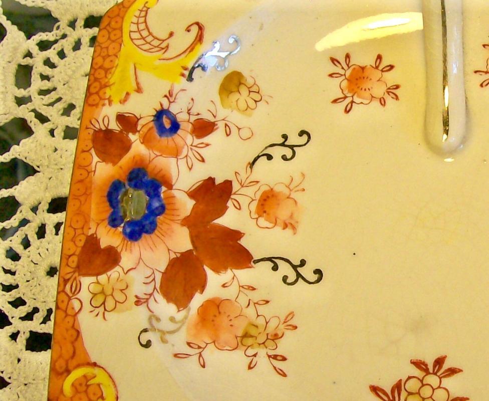 Ceramic Lemon Server 1930's Japan Hand-Painted Flowers Over Red Stencil