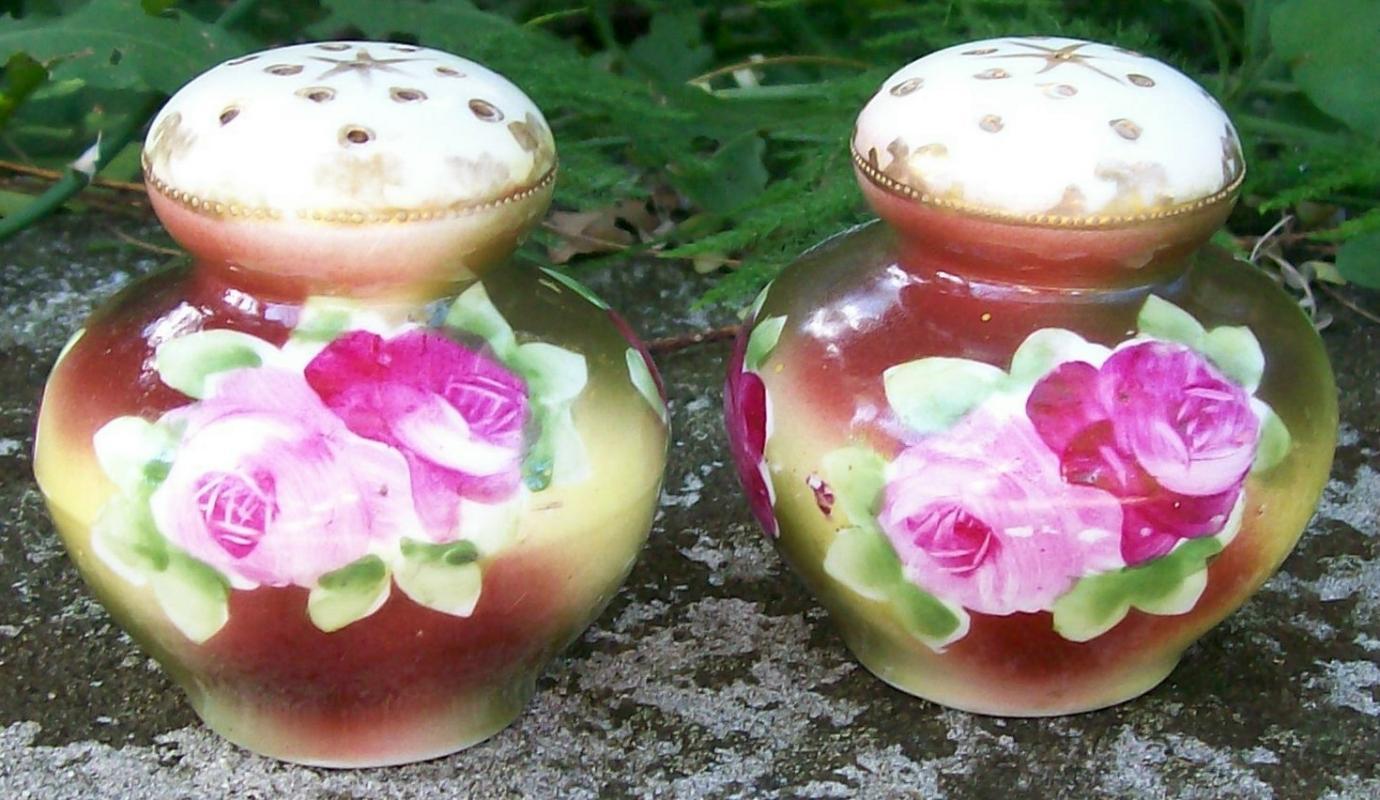 Bavarian Porcelain Salt & Pepper Shakers Hand-Painted Roses Ca. 1900 2.75