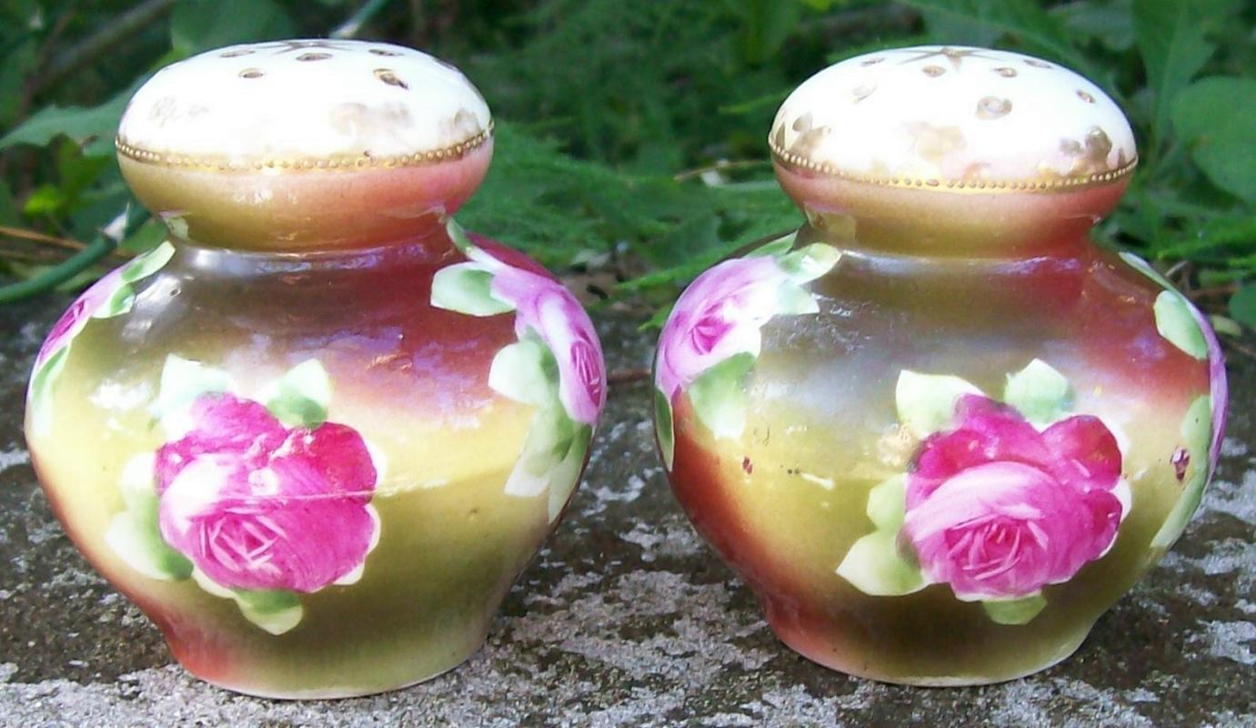 Bavarian Porcelain Salt & Pepper Shakers Hand-Painted Roses Ca. 1900 2.75