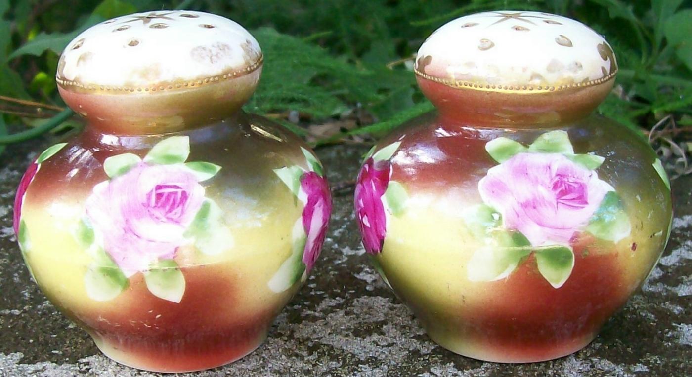 Bavarian Porcelain Salt & Pepper Shakers Hand-Painted Roses Ca. 1900 2.75