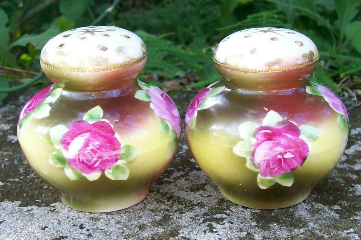 Bavarian Porcelain Salt & Pepper Shakers Hand-Painted Roses Ca. 1900 2.75