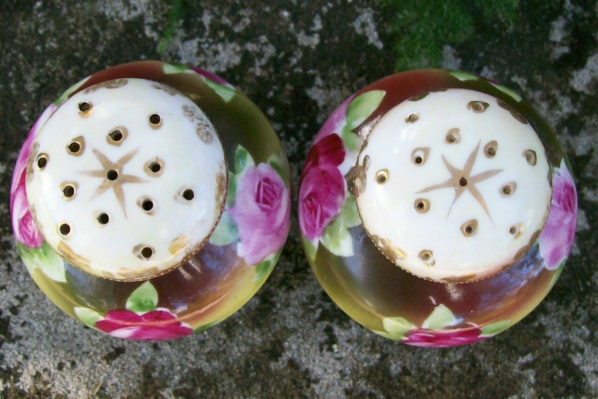 Bavarian Porcelain Salt & Pepper Shakers Hand-Painted Roses Ca. 1900 2.75