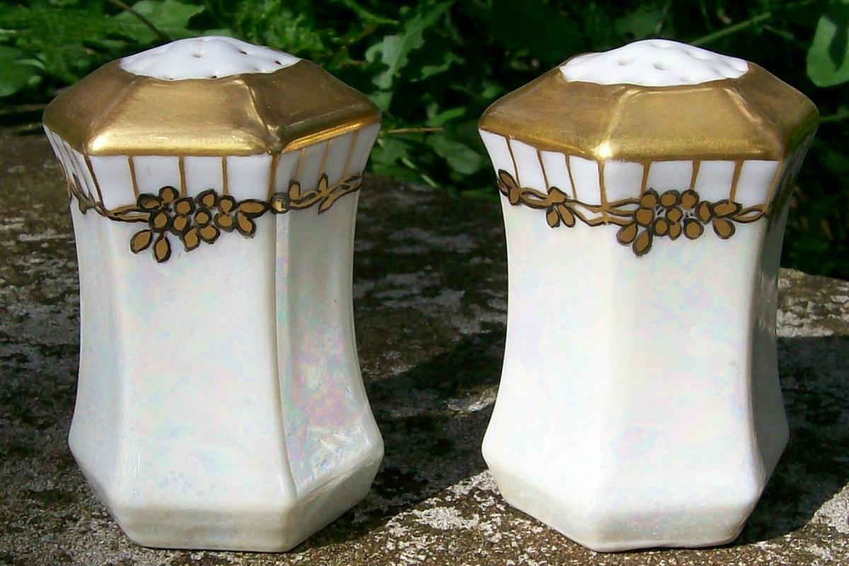 C. S. Prussia Porcelain Salt & Pepper Shakers Luster & Gold Ca. 1910