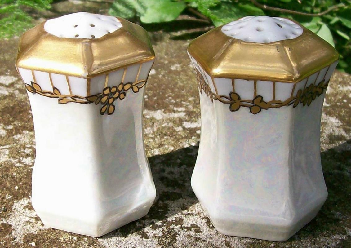 C. S. Prussia Porcelain Salt & Pepper Shakers Luster & Gold Ca. 1910