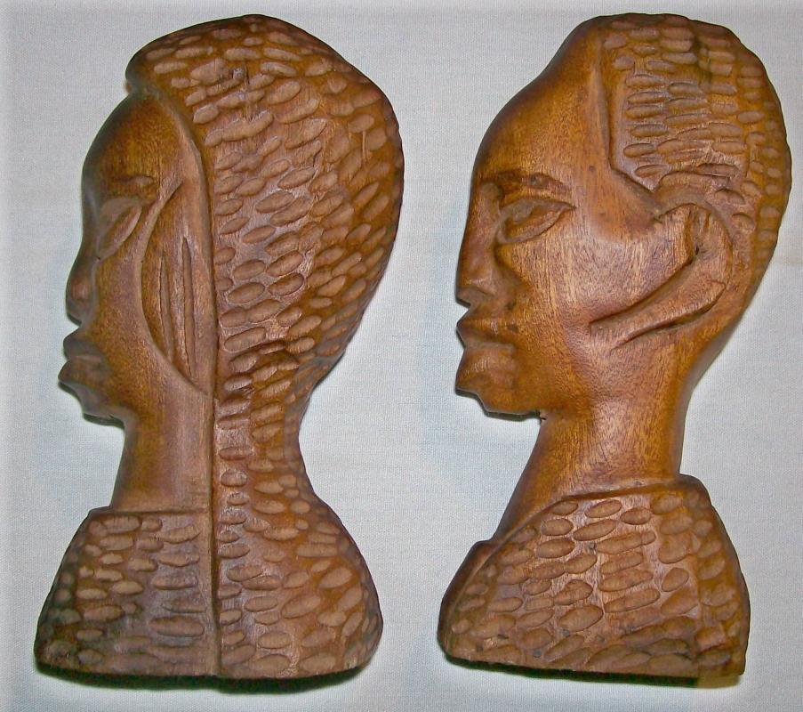 African Primitive Carvings Male/Female Bust Pair 6.75