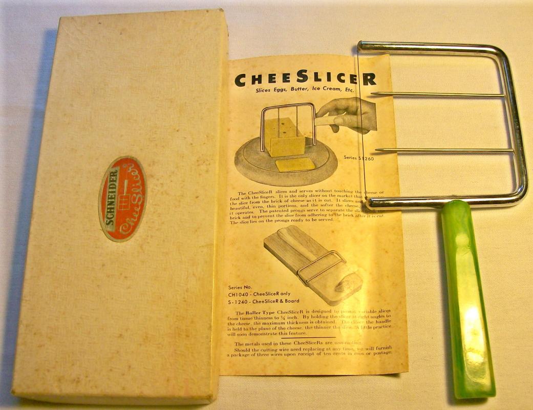 Schneider Green Bakelite/Catalin Cheese Slicer w/ Box & Brochure 1950's