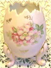 Pink Ceramic Egg Vase with Flower Decoration Ca. 1950's 4.75
