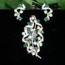 Coro Brooch/Pin & Earrings Set Stylized Leaf w/ Green Rhinetones/ Goldtone Setting