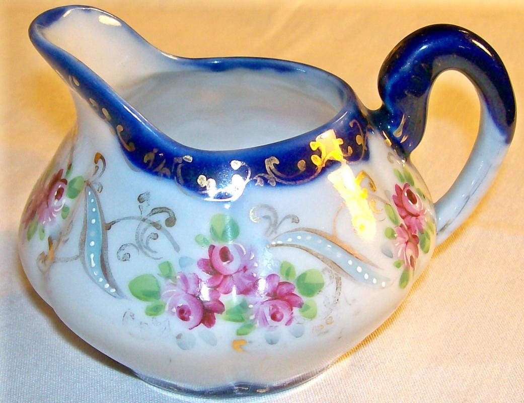 Nippon/Japan Cobalt-trimmed Creamer Hand-Painted Roses/Gold