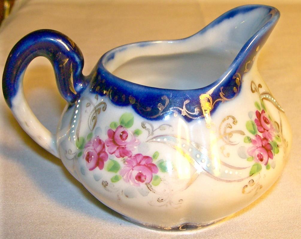 Nippon/Japan Cobalt-trimmed Creamer Hand-Painted Roses/Gold
