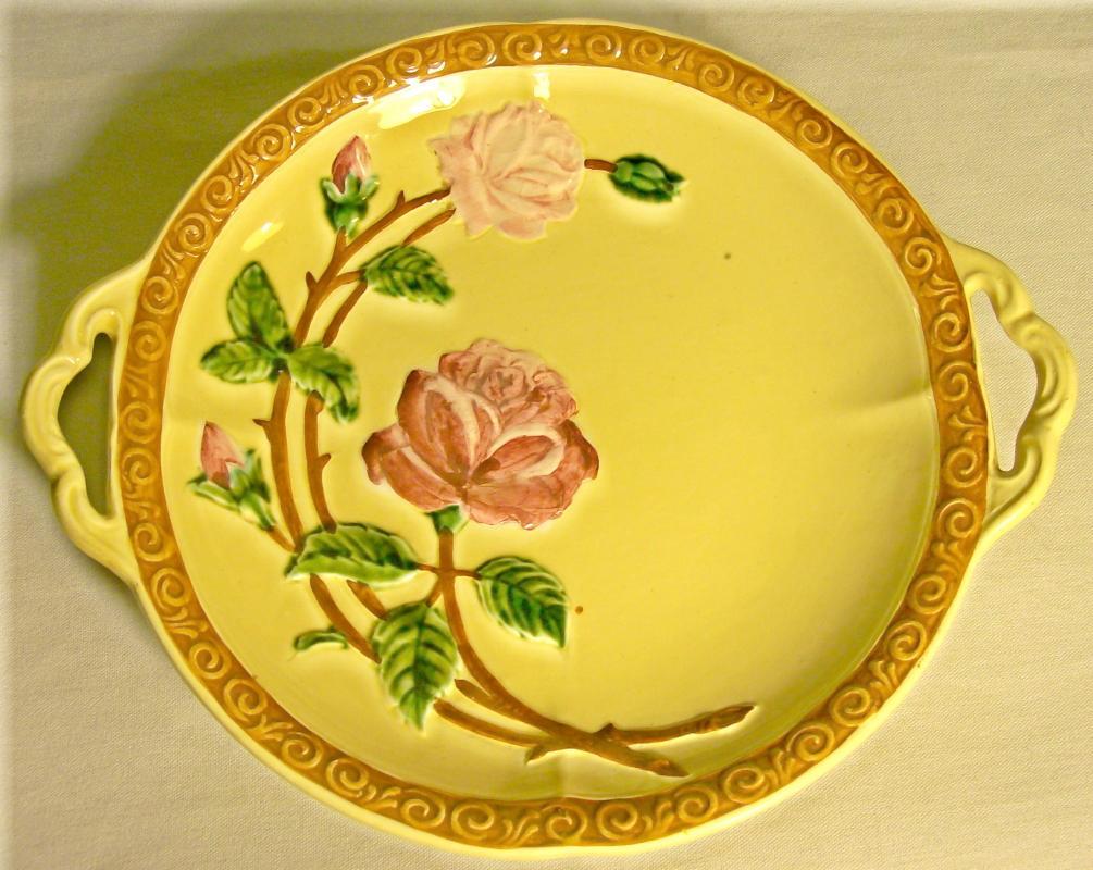 CICO Germany Majolica-style Footed Ceramic Plate with Roses Ca. 1940