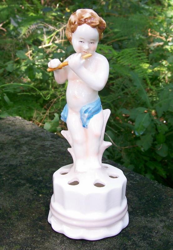 Boy with Flute Figural Ceramic Flower Stem Holder/Frog 7.25