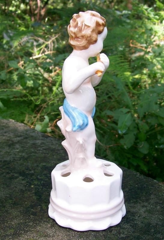 Boy with Flute Figural Ceramic Flower Stem Holder/Frog 7.25