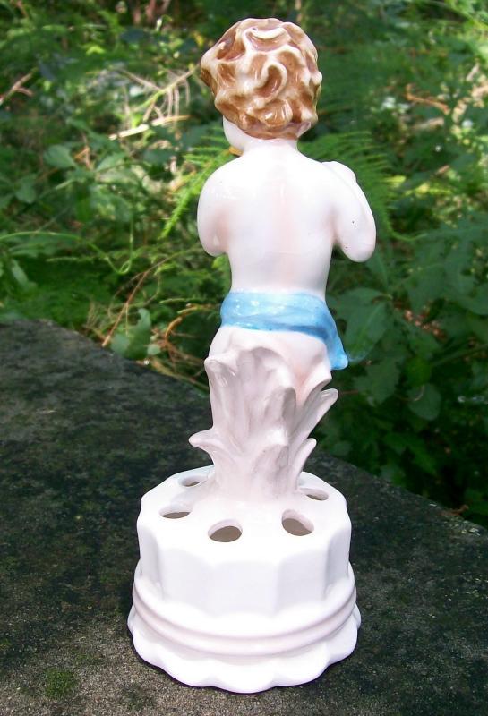 Boy with Flute Figural Ceramic Flower Stem Holder/Frog 7.25