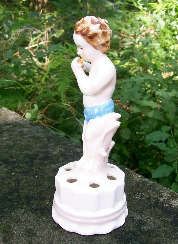 Boy with Flute Figural Ceramic Flower Stem Holder/Frog 7.25