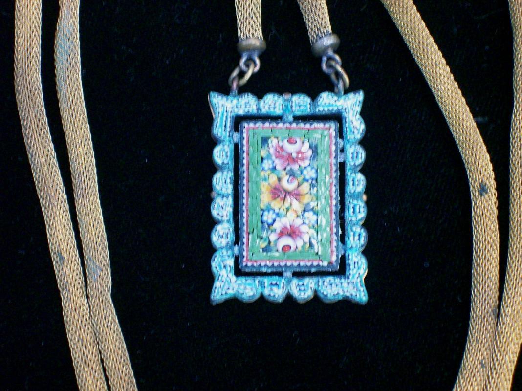 Italian Micromosaic Necklace: Ca. 1900 Gilded Brass